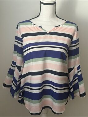Van Heusen Striped V‑Neck Bell Sleeve Top in Navy, Pink, Green & White